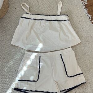Stylish Cream Women's Matching Set Top & Shorts with Navy Trim